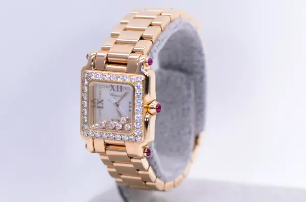 Chopard ‘Happy Sport’ 23mm Square Watch 18k Rose Gold Diamonds