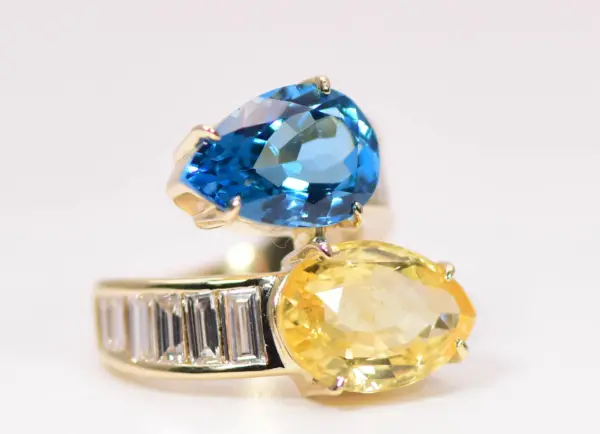 Toi et Moi 6.65ct Unheated Yellow Sapphire Blue Topaz Diamond 18K Gold