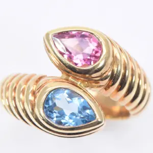 Bulgari Doppio Pink Tourmaline and Light Blue Topaz 18k Gold Ring