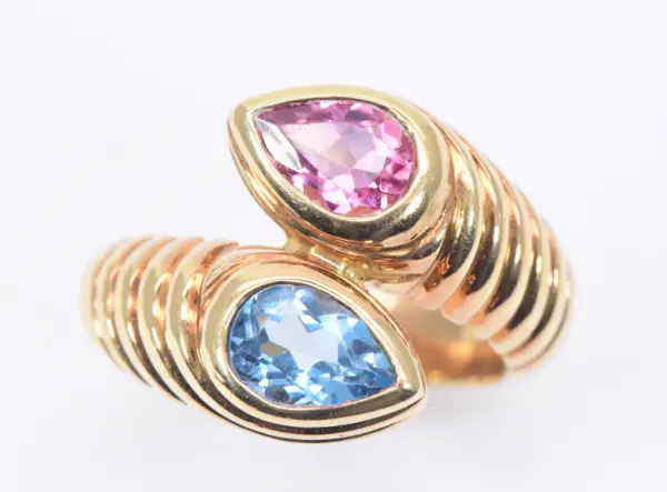 Bulgari Doppio Pink Tourmaline and Light Blue Topaz 18k Gold Ring