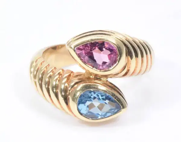 Bulgari Doppio Pink Tourmaline and Light Blue Topaz 18k Gold Ring