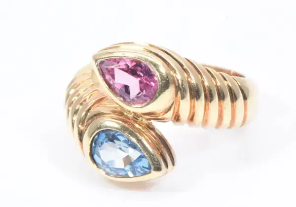 Bulgari Doppio Pink Tourmaline and Light Blue Topaz 18k Gold Ring