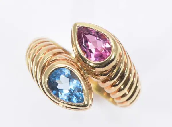 Bulgari Doppio Pink Tourmaline and Light Blue Topaz 18k Gold Ring
