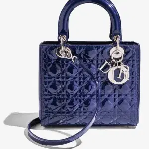 Beautiful and authentic Chistian Dior Lady Dior blue patent leather and silver hardware. Excellent condition.
