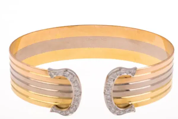 Cartier Double C 18k Tri-Gold Diamond Cuff Bracelet