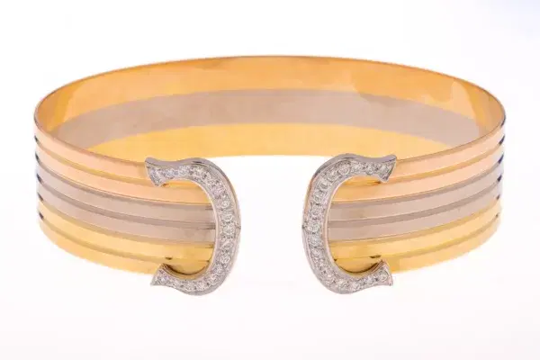 Cartier Double C 18k Tri-Gold Diamond Cuff Bracelet